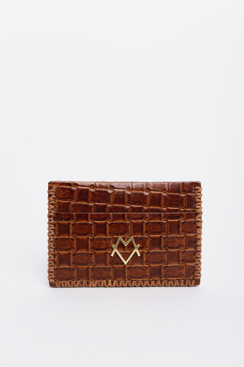 Card Holder in Brown leather with woven texture