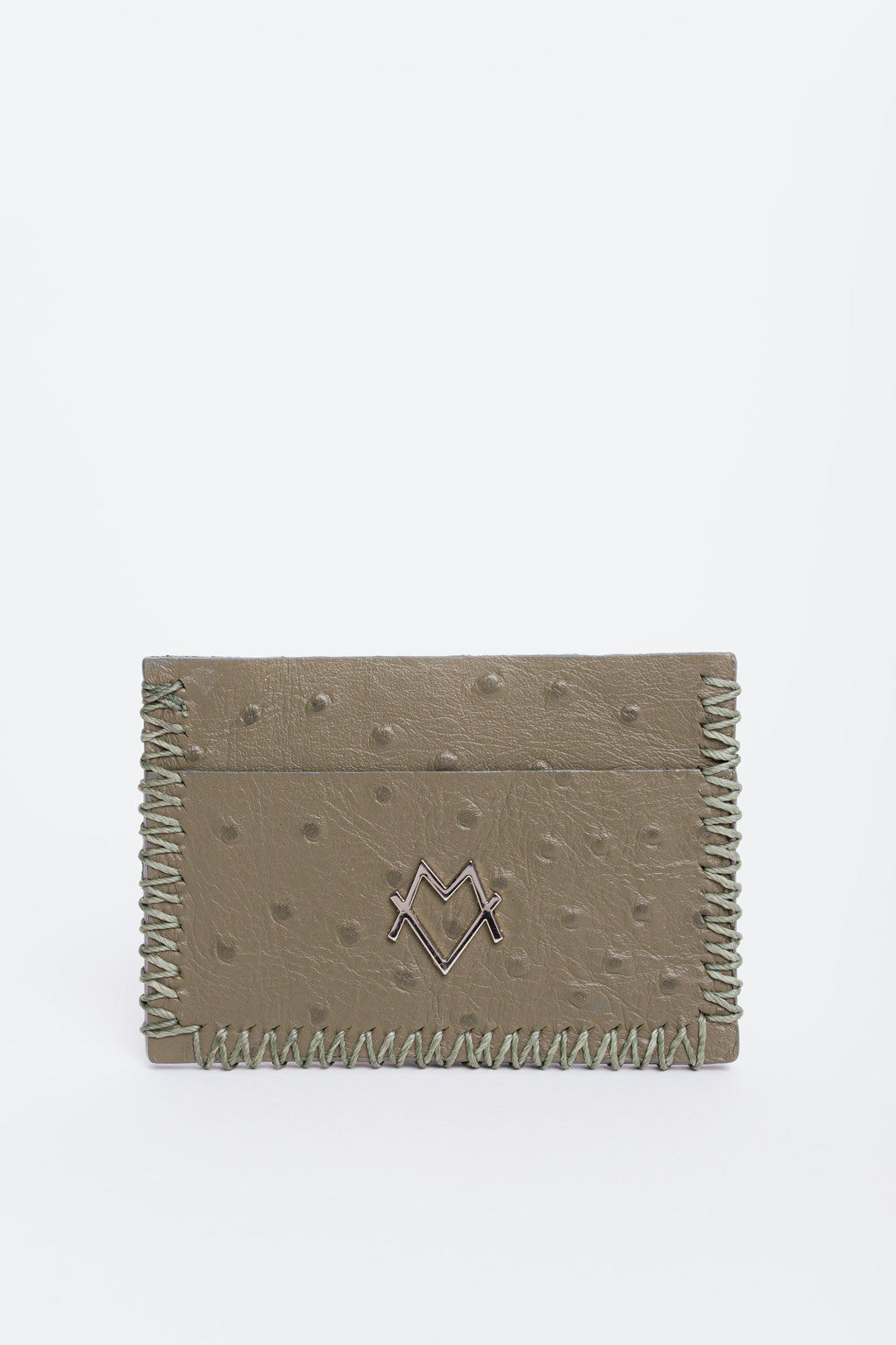 Card Holder in Olive ostrich-effect leather